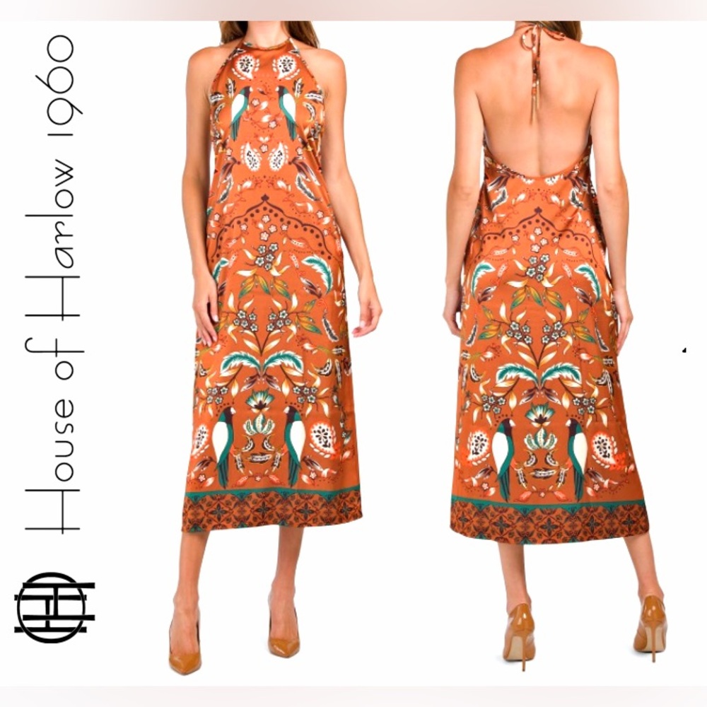 NWT $279 House of Harlow 1960 Dress Satin Tan Teal Tropical Birds Medium